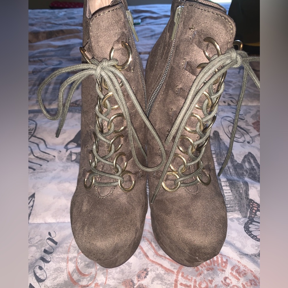 Olive green lace up booties! Very high slim heel!